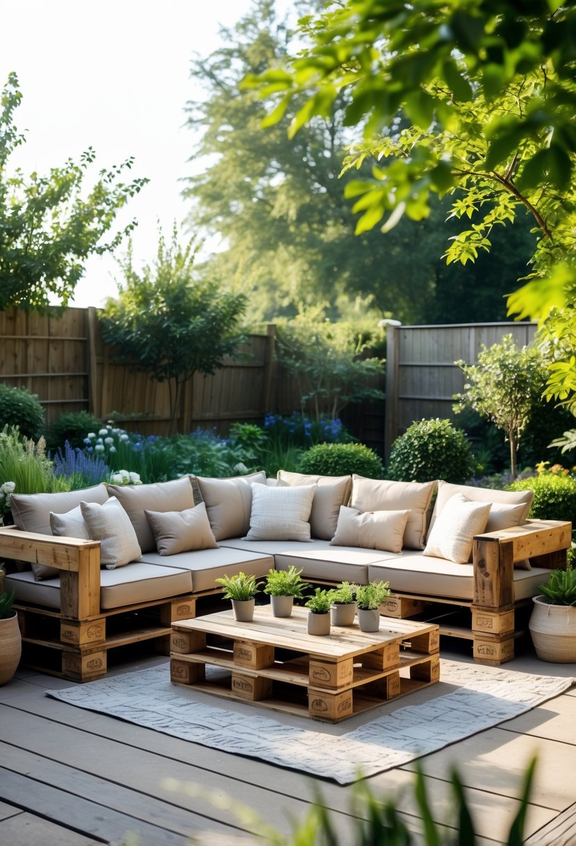An outdoor garden seating area with a wooden sectional sofa and cushions surrounded by plants and greenery.