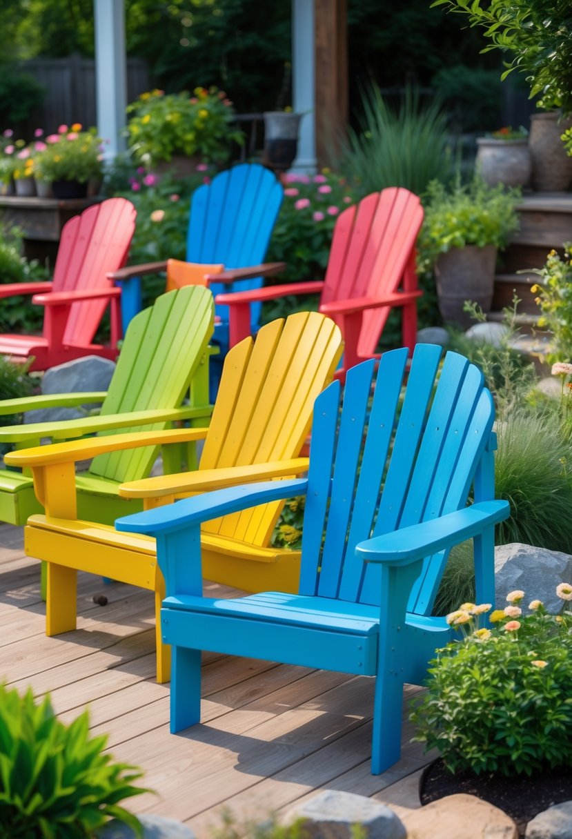 A group of brightly colored Adirondack chairs arranged outdoors in a garden surrounded by plants and greenery.