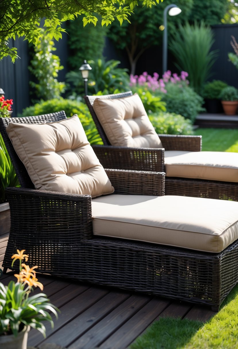 Outdoor scene with several wicker loungers arranged on a wooden deck surrounded by plants and flowers.