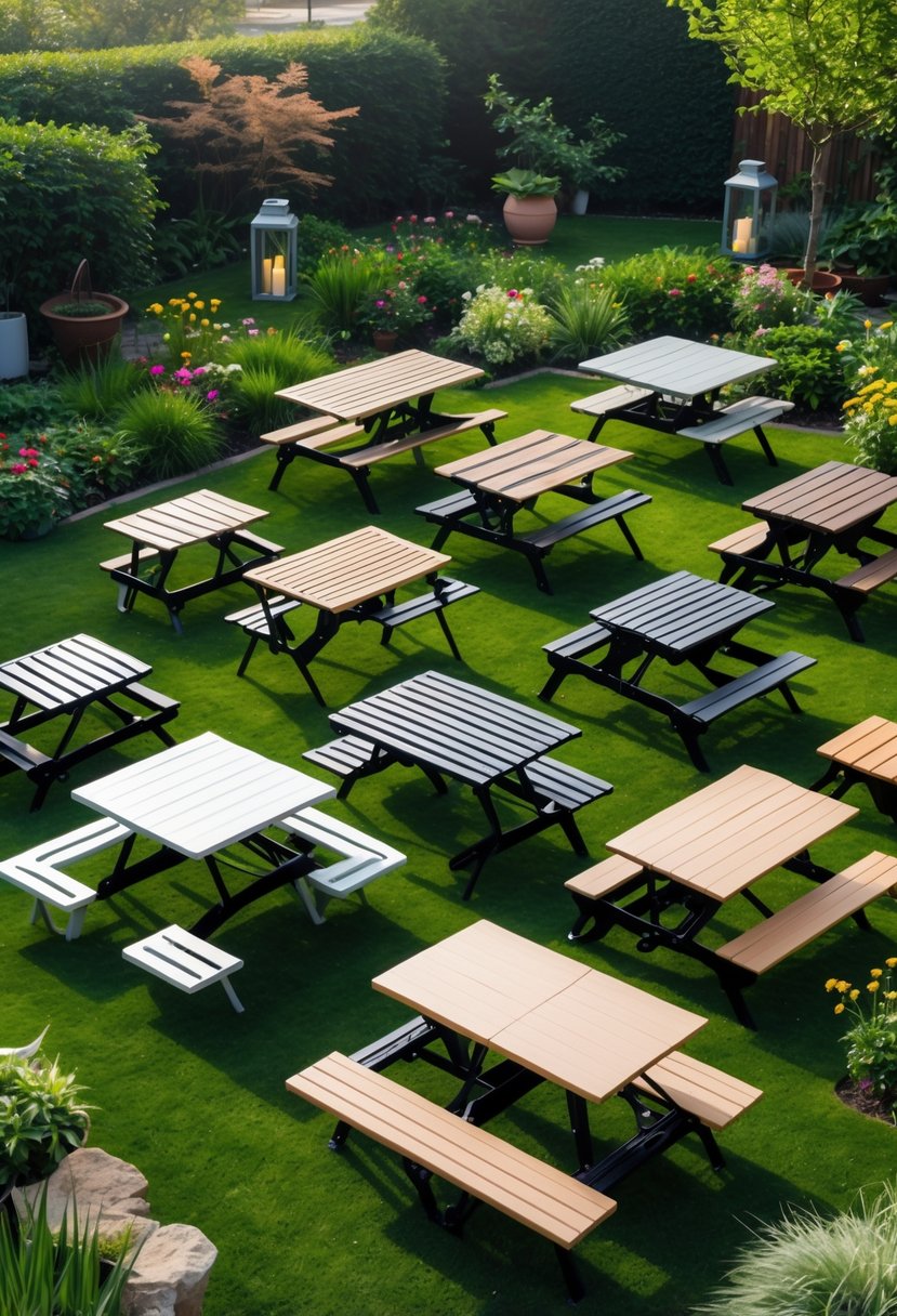 A collection of compact fold-up picnic tables displayed outdoors in a garden with grass and flowers.