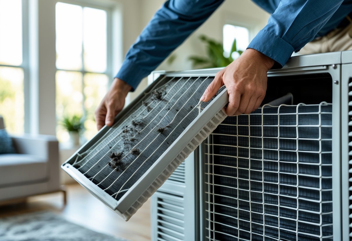 Person removing a dirty air conditioner filter from a unit inside a home, holding a clean replacement filter nearby.