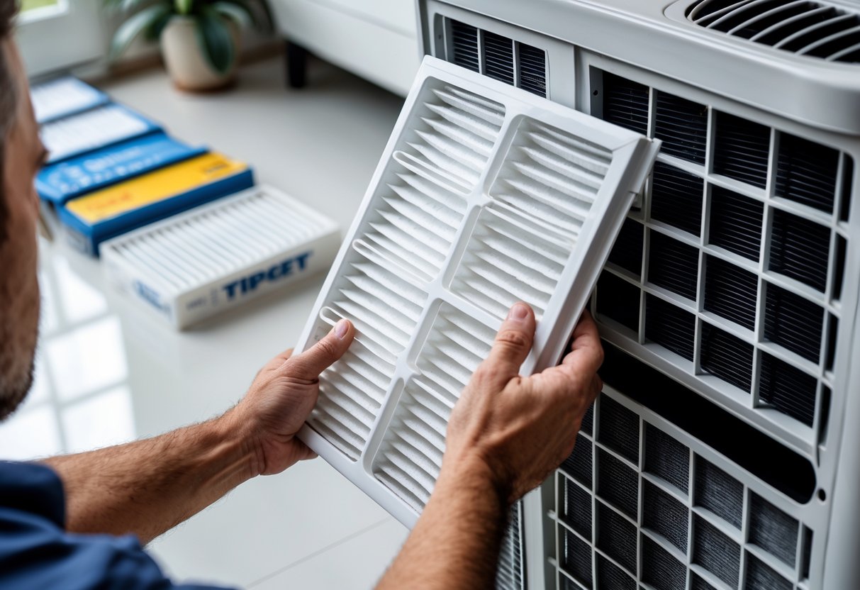 Hands fitting a clean air conditioning filter into an AC unit with various filters on a table nearby.