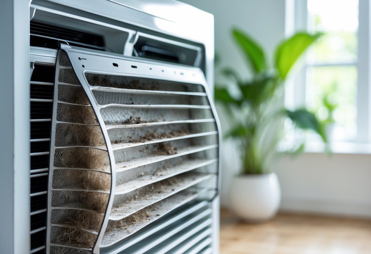 Close-up of a dirty air filter being removed from an air conditioning unit with a clean filter beside it and a bright living room in the background.