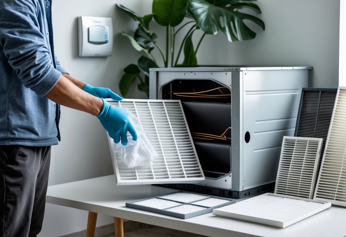 Person holding an air conditioner filter next to an open HVAC unit with various AC filters on a table in a home setting.