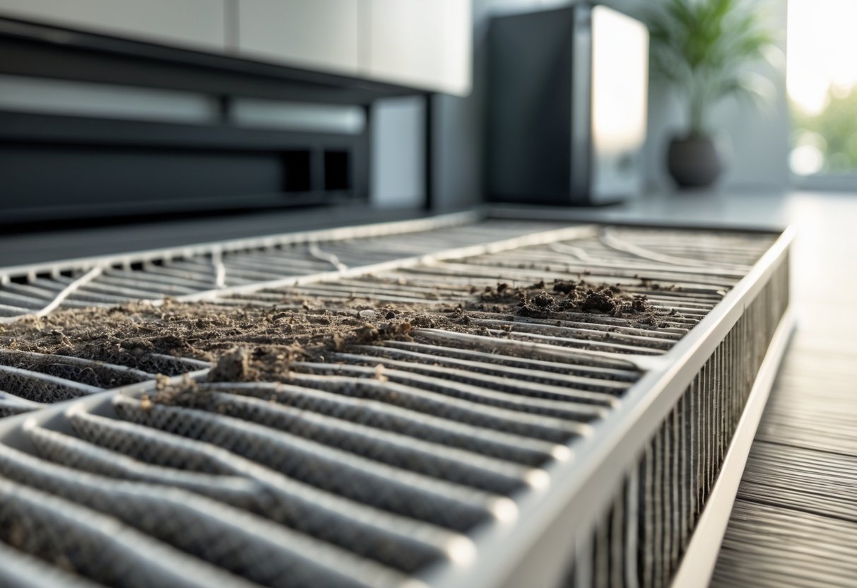 Close-up of a dirty HVAC air filter next to a clean filter with an HVAC unit in the background.