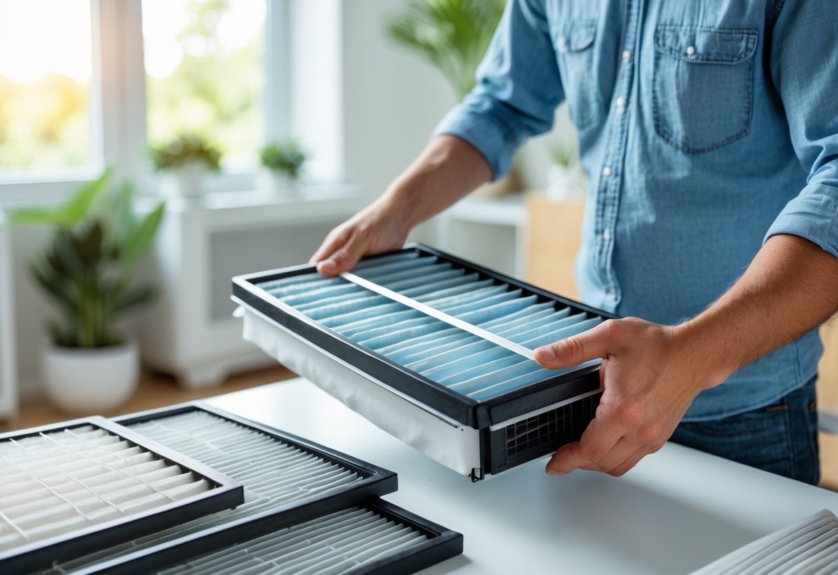 Person holding and inspecting a clean air conditioning filter near an AC unit in a bright home interior.