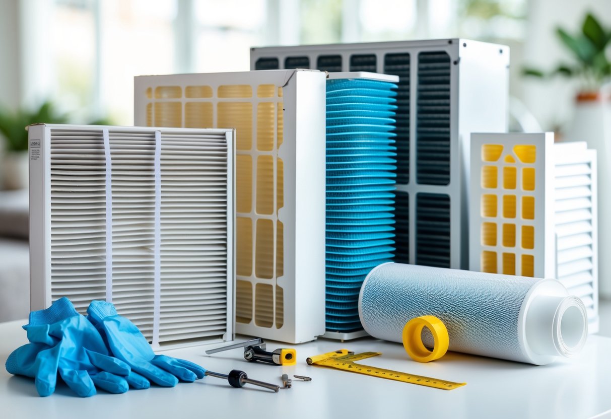 A selection of different air conditioner filters and DIY tools arranged on a white surface.