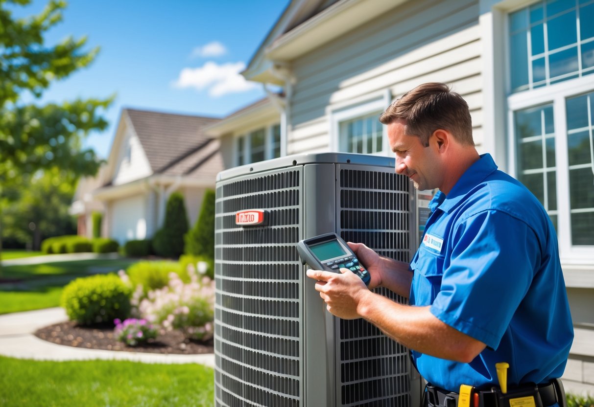 A technician inspecting an outdoor air conditioning unit at a suburban house on a sunny day.