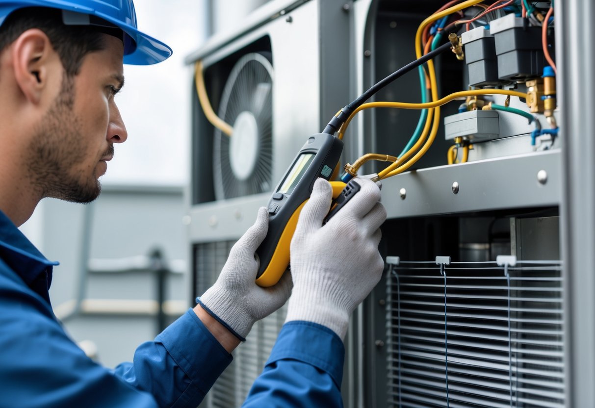 A technician inspecting an air conditioning system's components with diagnostic tools in a mechanical room.