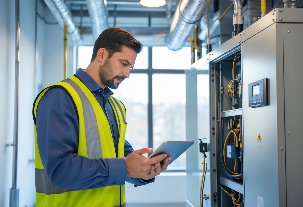 A technician inspecting energy equipment in a bright, modern mechanical room.