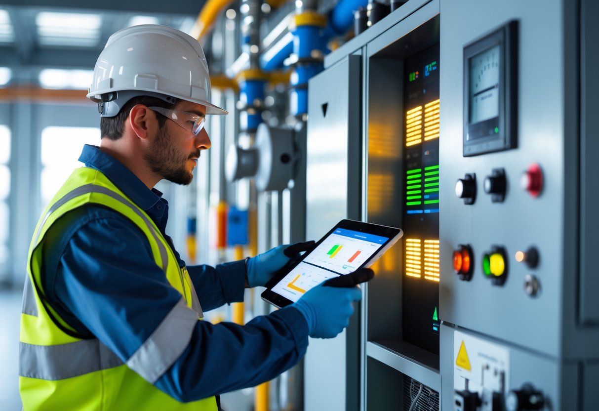 Technician inspecting industrial energy equipment using a digital tablet in a clean, organized facility.