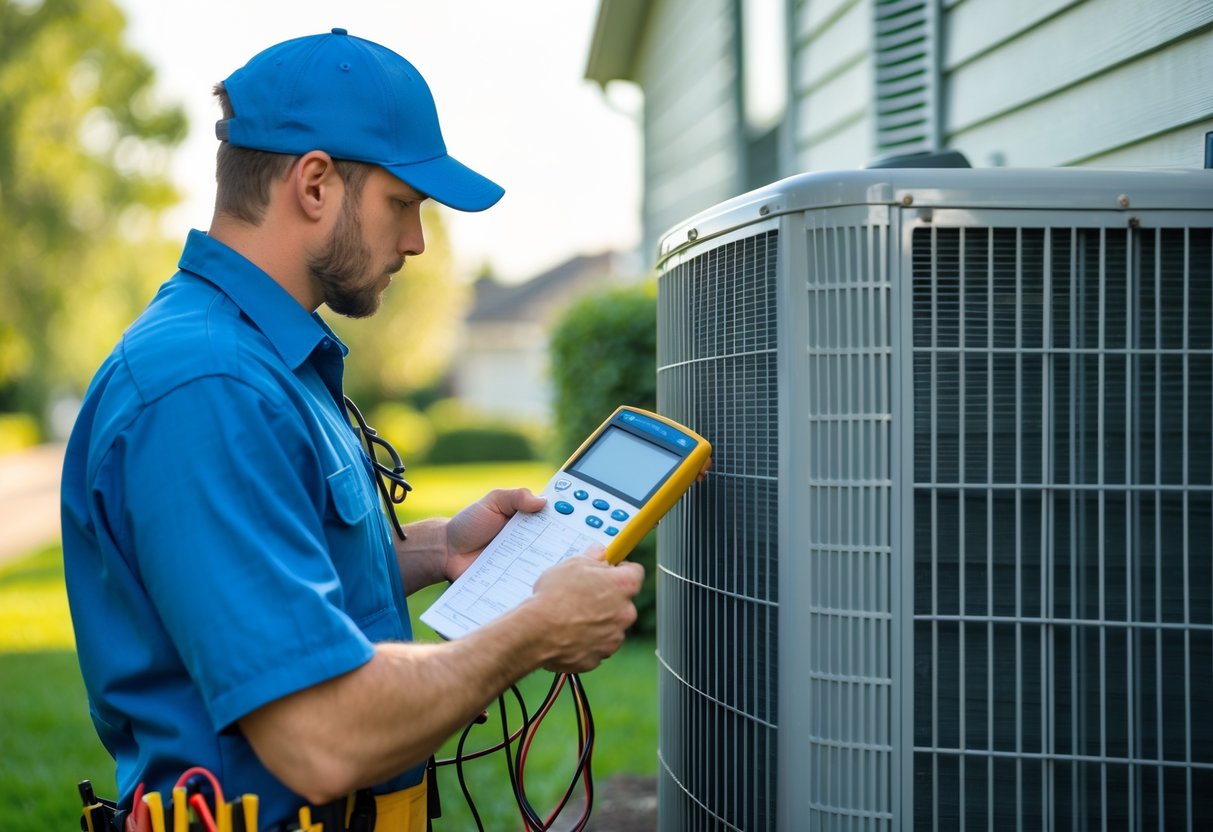 Technician inspecting an outdoor air conditioning unit next to a house on a sunny day.