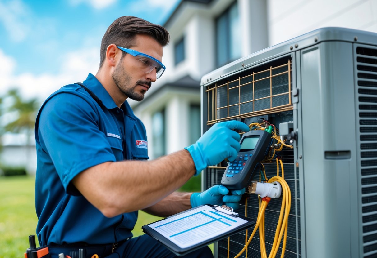 HVAC technician inspecting an outdoor air conditioning unit with diagnostic tools near a modern house.