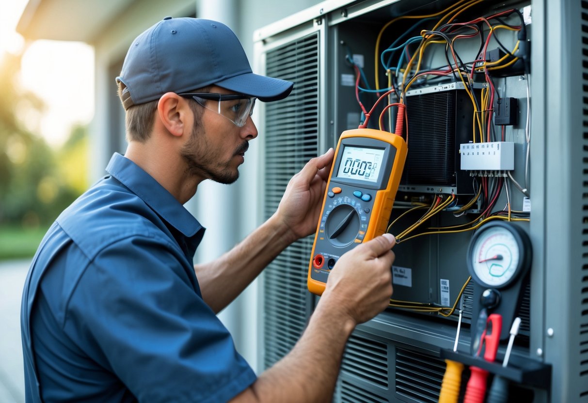 A technician inspecting an air conditioning unit outdoors, using tools to check its components.