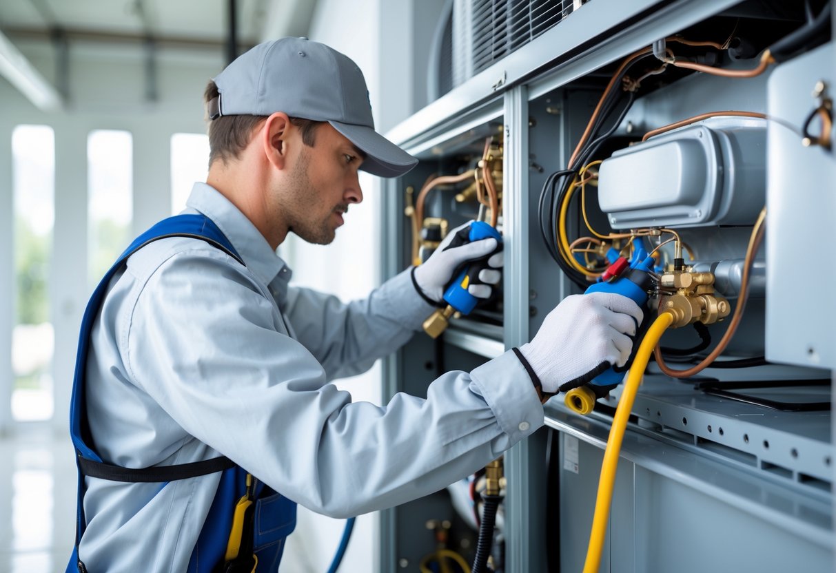 An HVAC technician inspecting an air conditioning unit with diagnostic tools in a clean utility area.