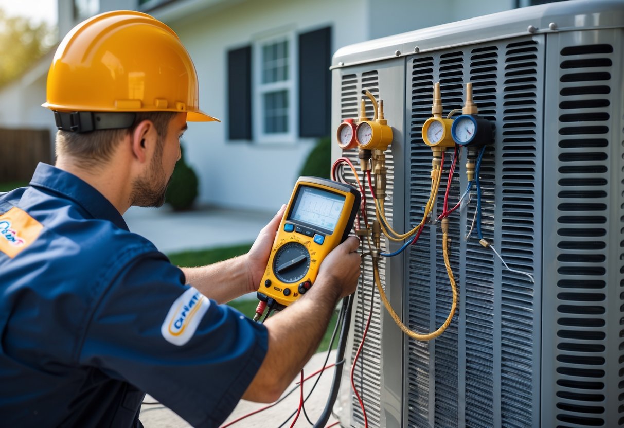 HVAC technician inspecting an outdoor air conditioning unit using diagnostic tools in a residential backyard.