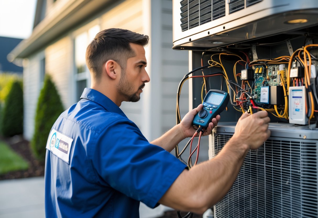 A technician inspecting an outdoor air conditioning unit using diagnostic tools during a maintenance check.