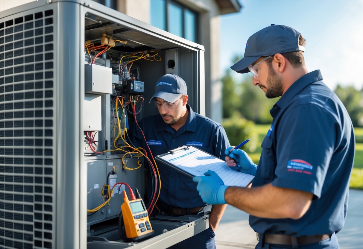 Two HVAC technicians inspecting an air conditioning unit outside a house, one checking components with a multimeter and the other taking notes.