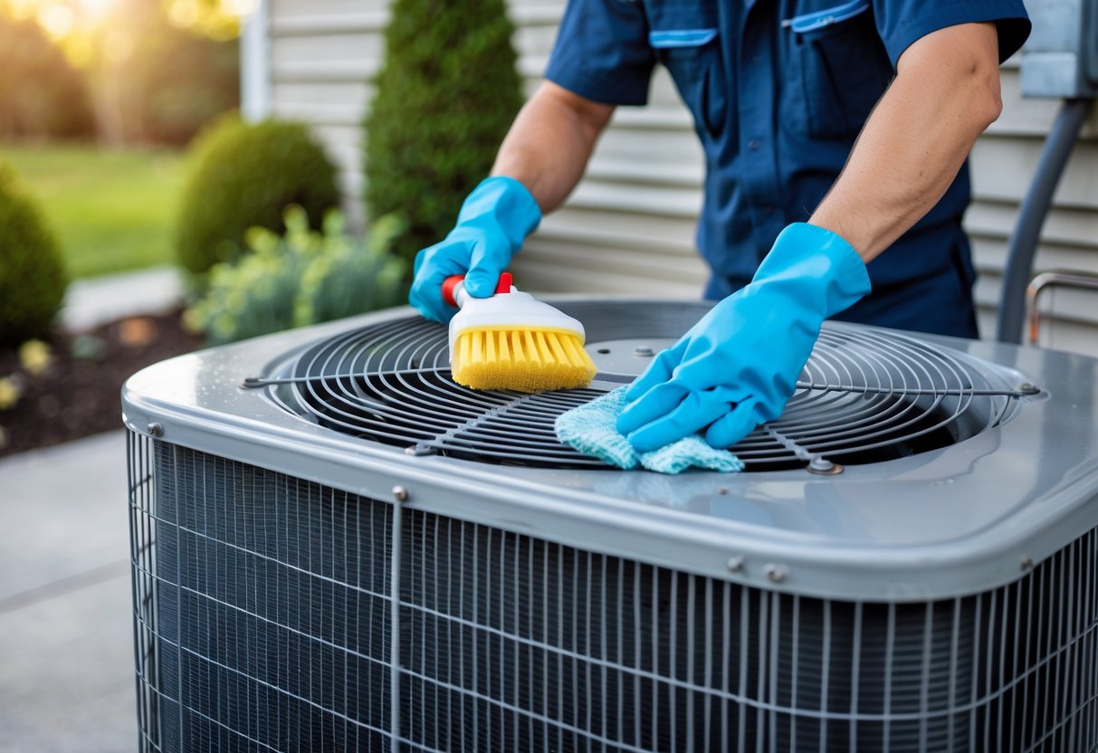 A person cleaning the metal coils of an outdoor air conditioning condenser unit with a brush and spray bottle.