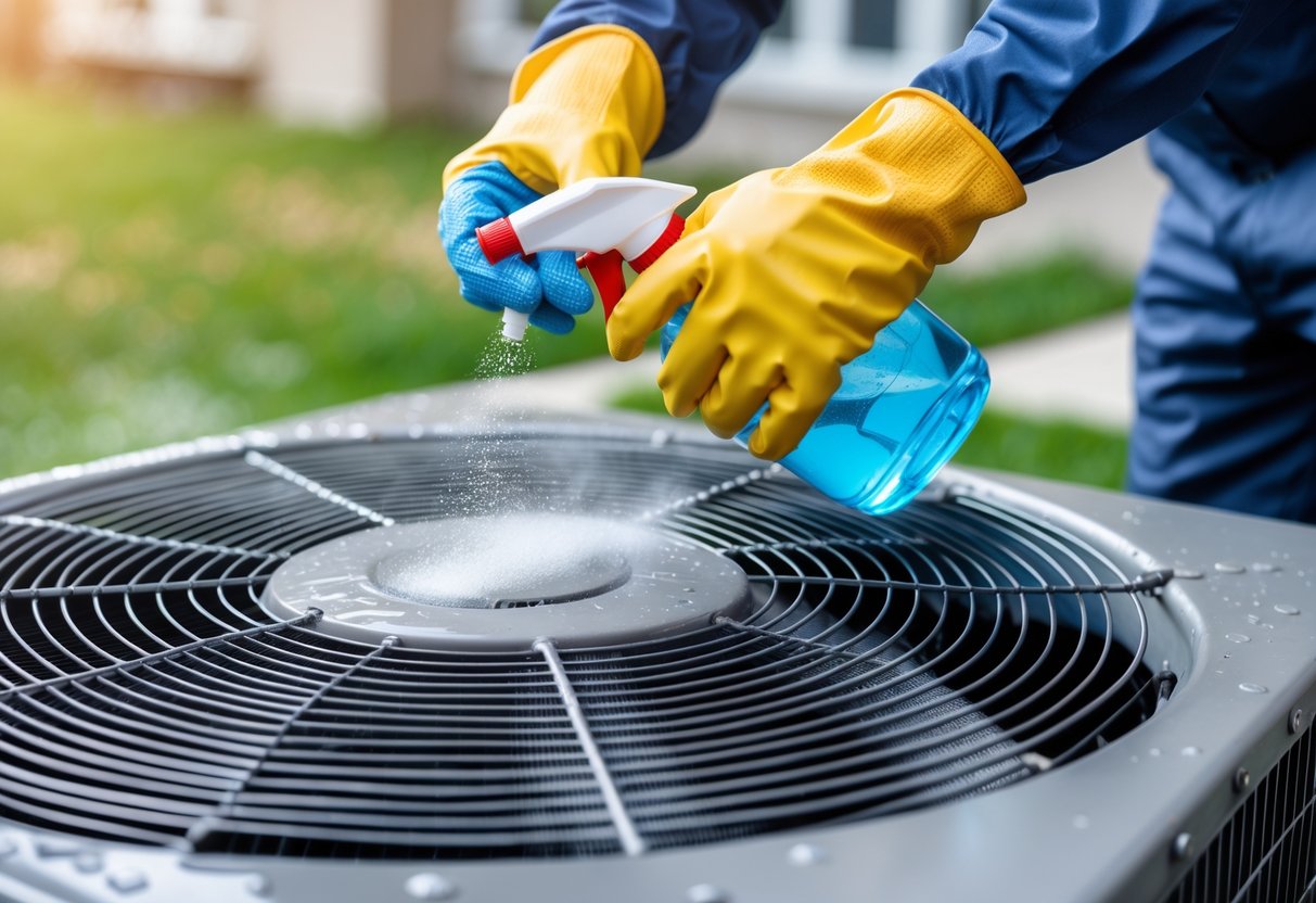 A technician wearing gloves sprays cleaning solution onto an outdoor air conditioning condenser coil.