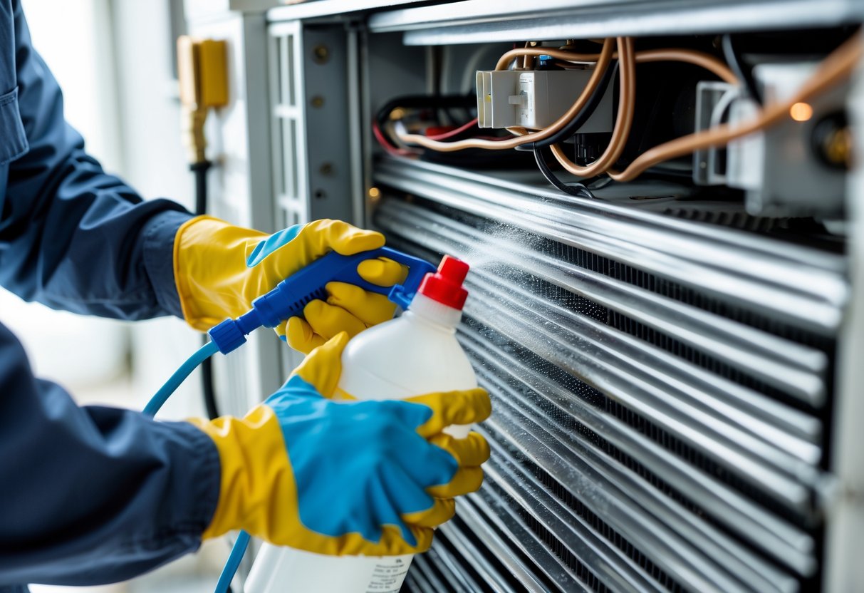 A person cleaning air conditioner coils with a spray bottle and wearing protective gloves.
