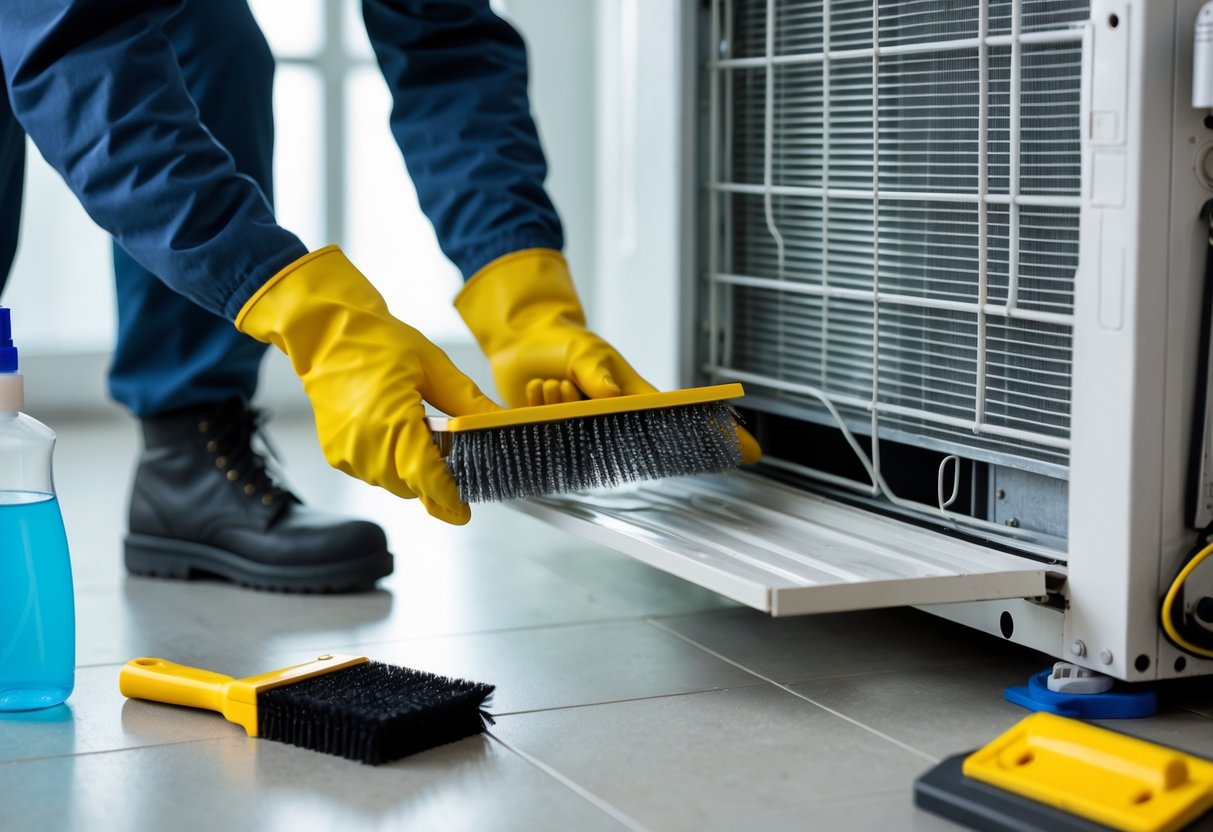 Person wearing gloves and safety goggles preparing to clean air conditioning coils by removing the front panel of an AC unit with cleaning tools nearby.