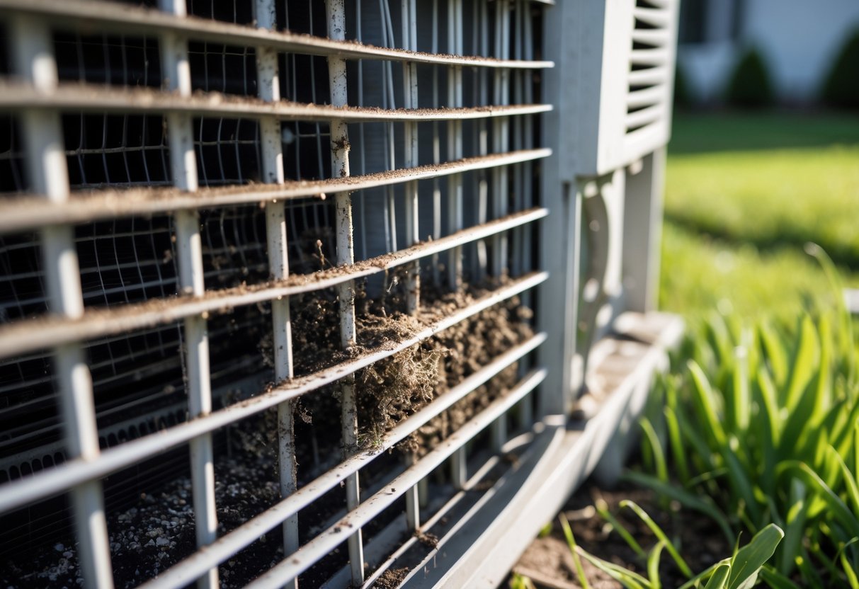 Close-up of an air conditioning unit's condenser coils with visible dirt and debris buildup outdoors.