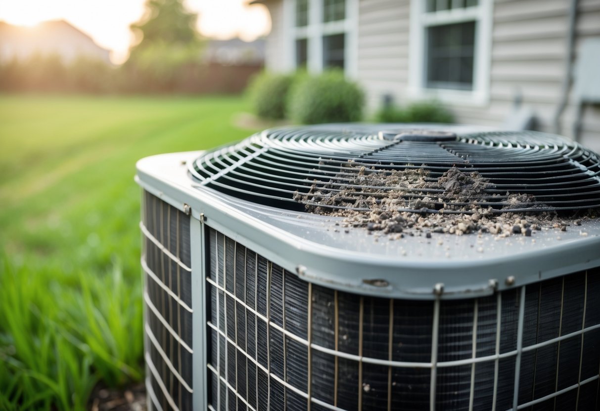 Close-up of an outdoor HVAC condenser unit showing dirty condenser coils with dust and debris buildup.