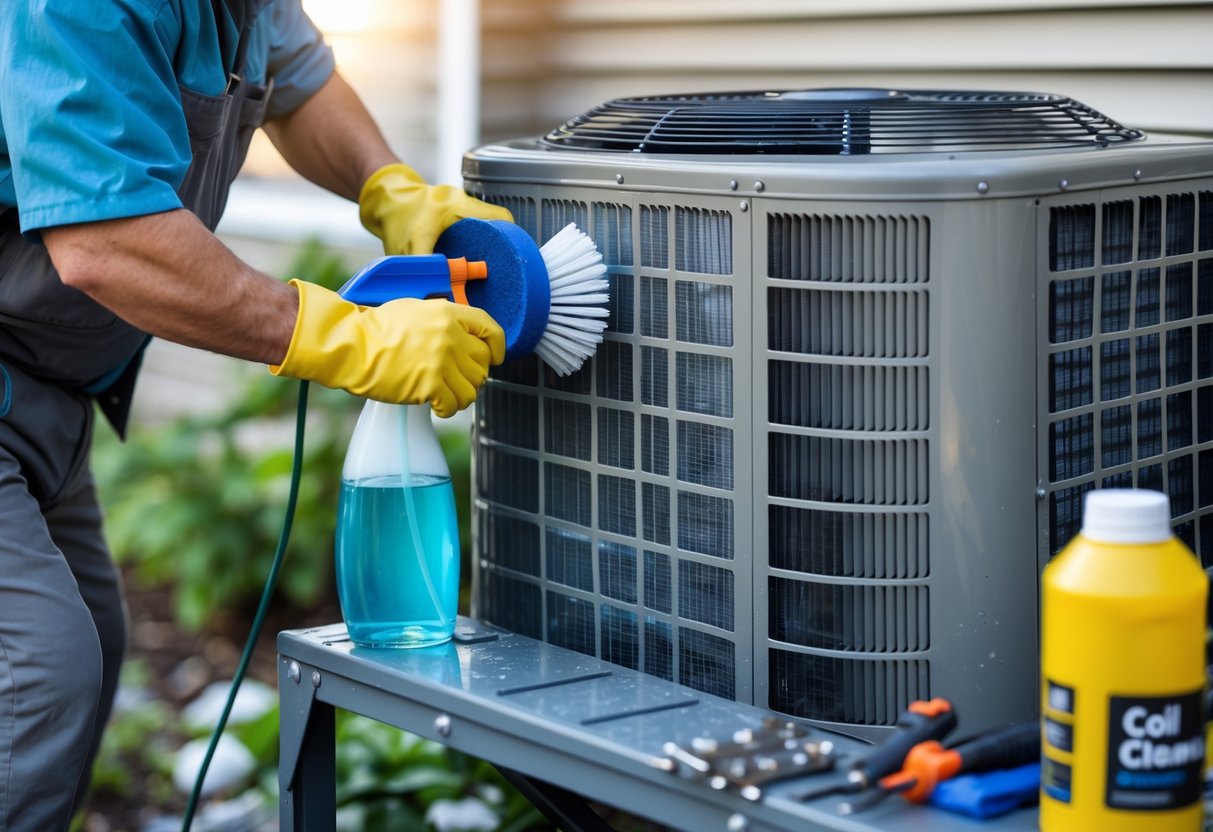 A person cleaning condenser coils of an air conditioning unit outdoors using a brush and spray bottle.