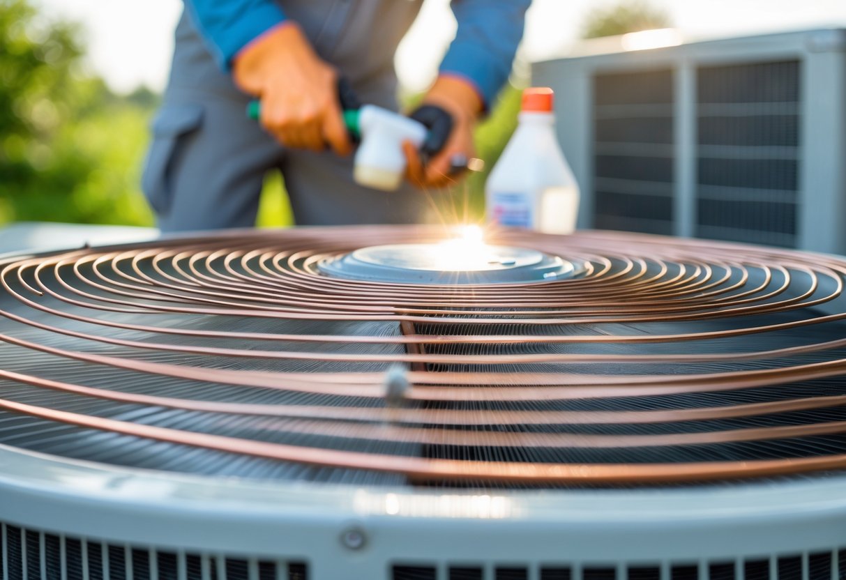 A person cleaning a condenser coil on an air conditioning unit outdoors using a brush and spray bottle.