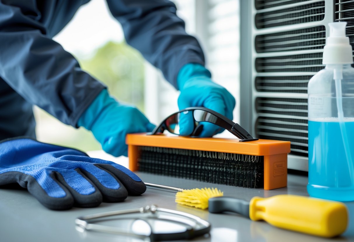 A person wearing protective gloves and goggles cleaning condenser coils with tools arranged on a workbench nearby.