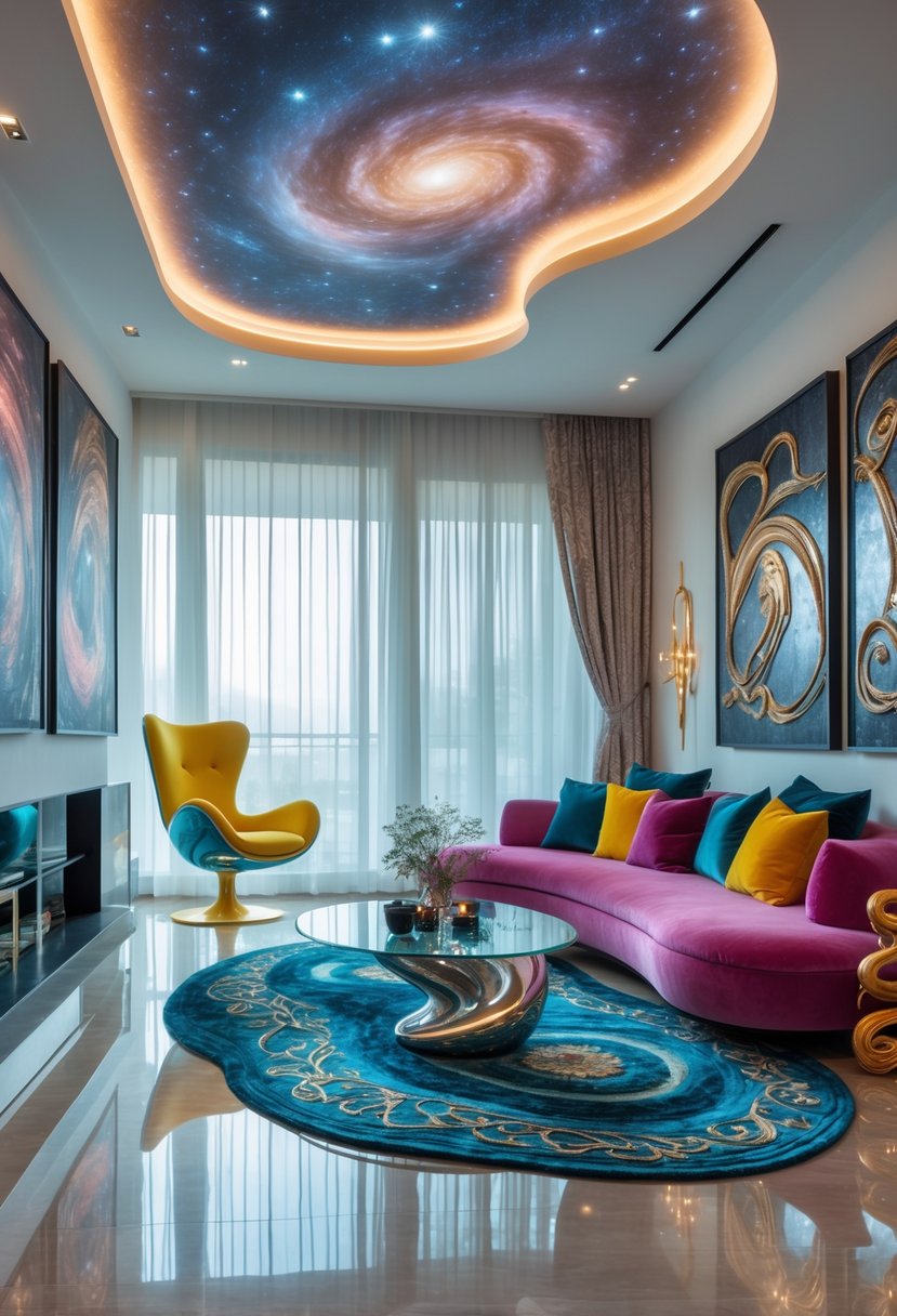 Surreal Living Room Styling Ideas: 21 Creative Ways to Transform Your Space 2 A living room with a modern sofa, floating furniture, large windows, and unique decor including paintings and a patterned rug.