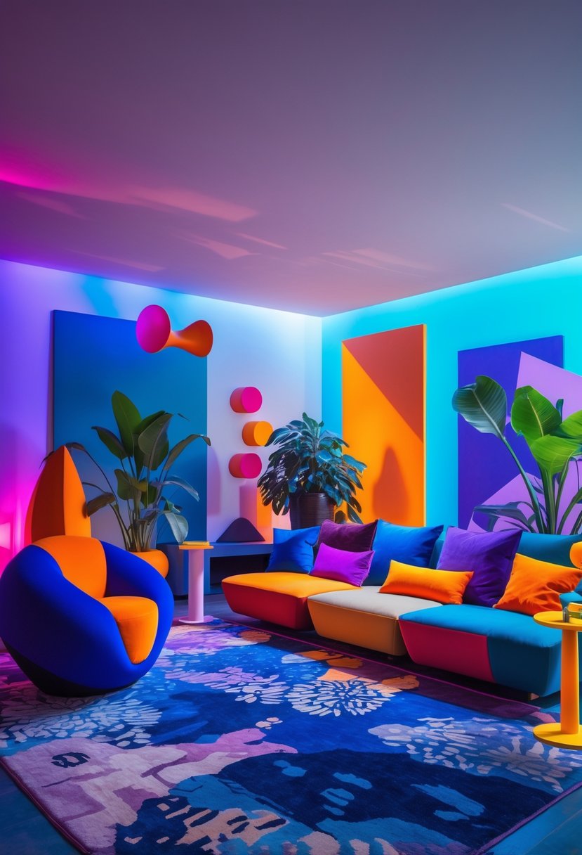 Surreal Living Room Styling Ideas: 21 Creative Ways to Transform Your Space 3 A living room with colorful modern furniture, large abstract artwork on the walls, and unique decorative elements including oversized plants and sculptures.