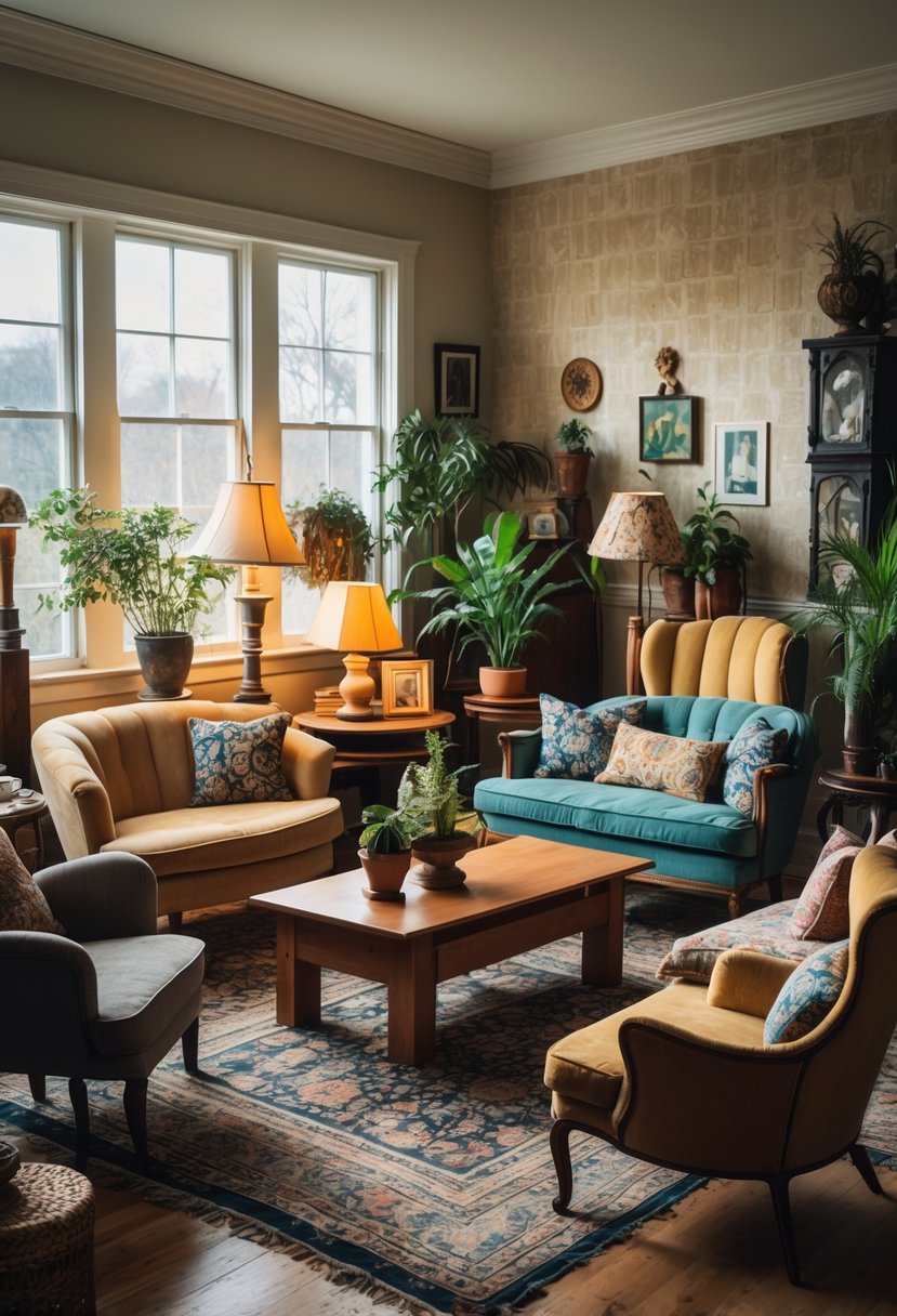 Surreal Living Room Styling Ideas: 21 Creative Ways to Transform Your Space 4 A living room with various mismatched vintage chairs and sofas arranged around a wooden coffee table, with plants and decorative items in a warmly lit space.