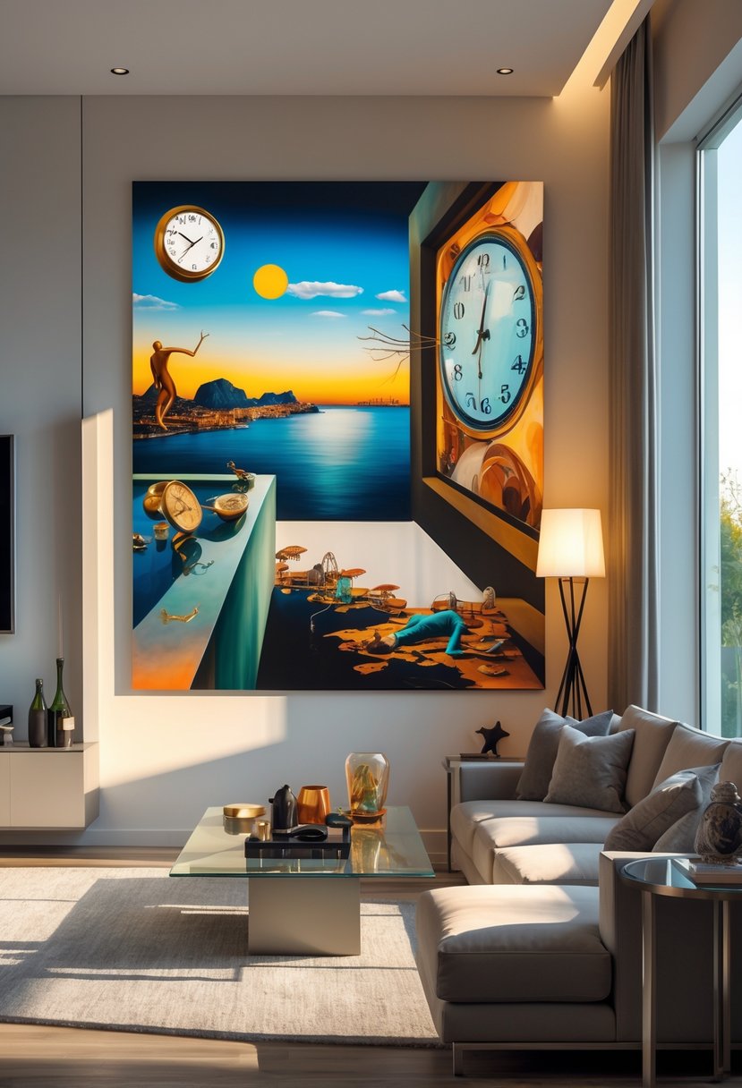 Surreal Living Room Styling Ideas: 21 Creative Ways to Transform Your Space 5 A modern living room with a large surreal painting on the wall, a sofa, coffee table, and floor lamp, illuminated by natural sunlight.