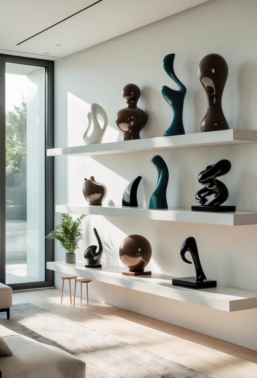 Surreal Living Room Styling Ideas: 21 Creative Ways to Transform Your Space 6 A modern living room with floating shelves displaying various abstract sculptures against a white wall.