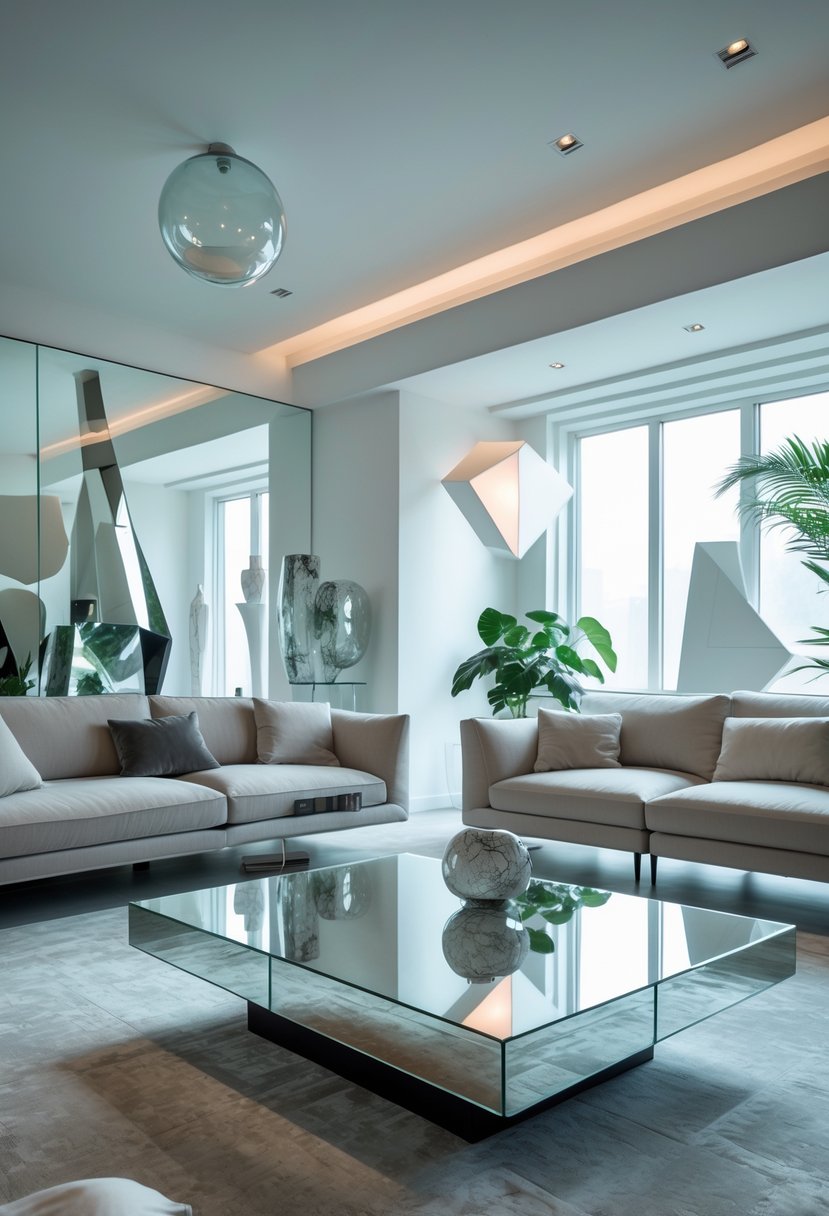 Surreal Living Room Styling Ideas: 21 Creative Ways to Transform Your Space 7 A living room with two mirrored coffee tables surrounded by sofas and decorative plants, with floating shapes and soft lighting creating a surreal atmosphere.