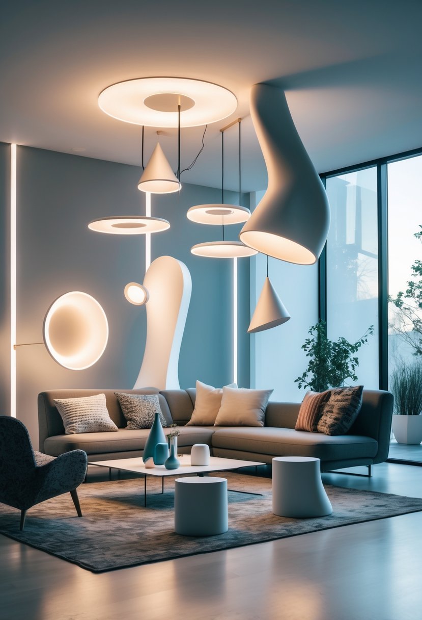 Surreal Living Room Styling Ideas: 21 Creative Ways to Transform Your Space 8 A living room with asymmetrical hanging lights, a sofa, and a coffee table arranged in a modern setting.