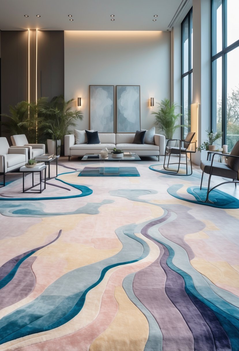 Surreal Living Room Styling Ideas: 21 Creative Ways to Transform Your Space 9 A spacious living room with large, colorful floor rugs, modern furniture, and natural light from big windows.