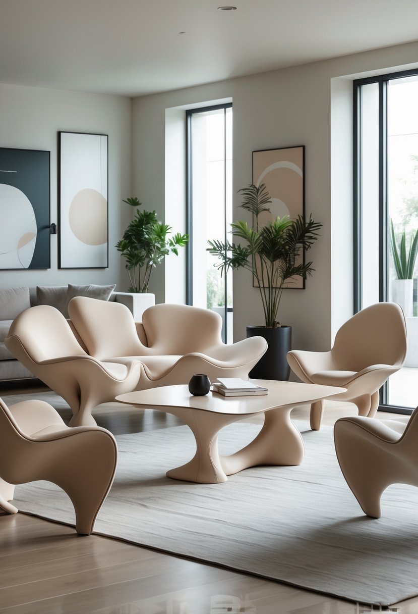 Surreal Living Room Styling Ideas: 21 Creative Ways to Transform Your Space 10 A living room with uniquely shaped sofa, coffee table, and chairs arranged in a bright, modern space with large windows and plants.