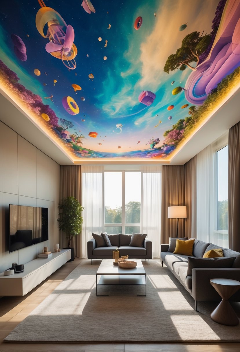 Surreal Living Room Styling Ideas: 21 Creative Ways to Transform Your Space 11 A living room with modern furniture and a ceiling covered in colorful, imaginative murals.