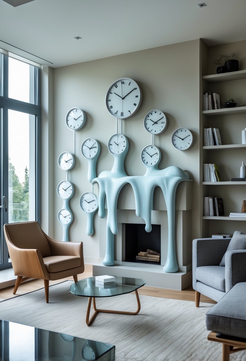Surreal Living Room Styling Ideas: 21 Creative Ways to Transform Your Space 12 A modern living room with furniture and clocks that appear to be melting over the edges of chairs and shelves.