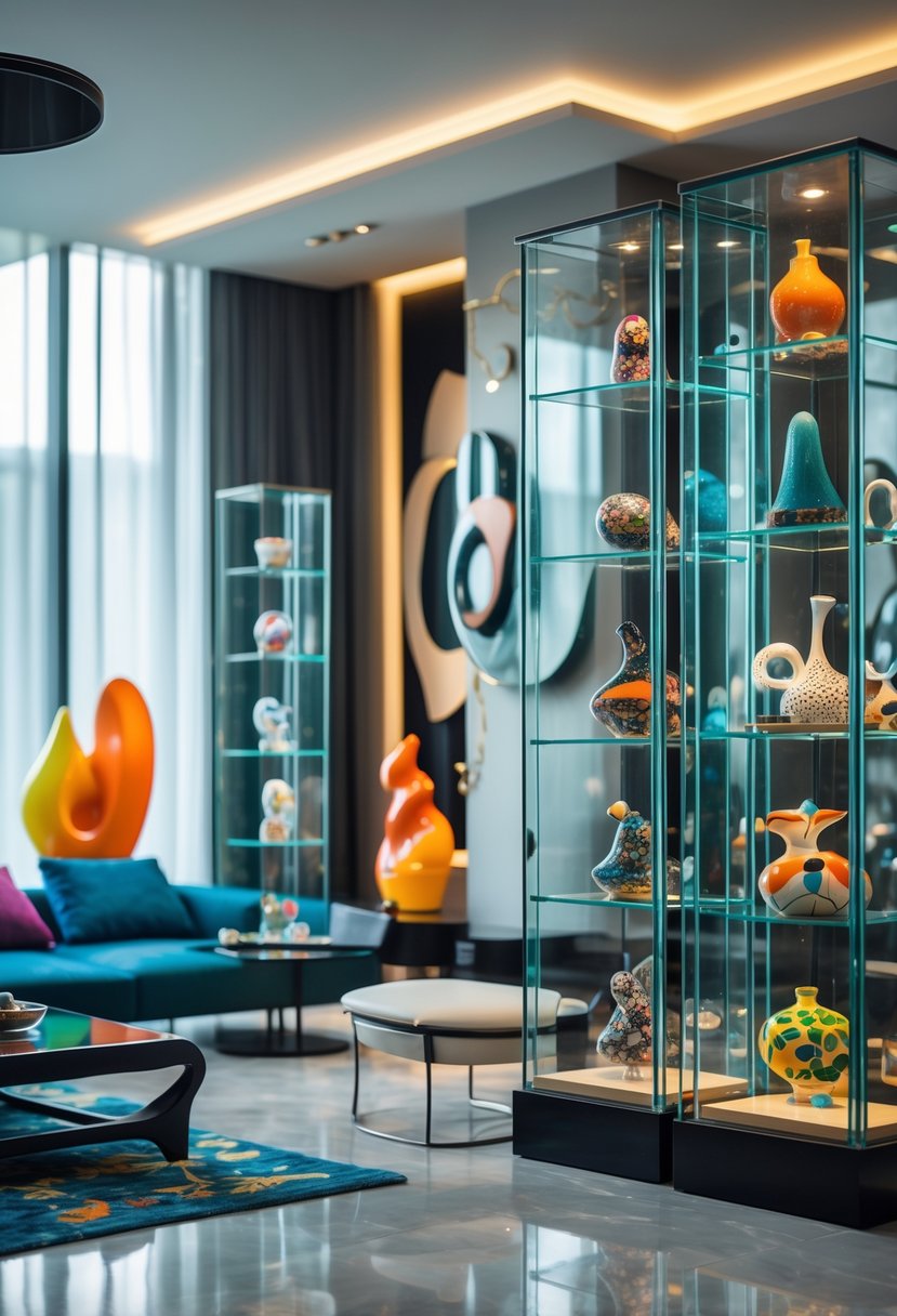 Surreal Living Room Styling Ideas: 21 Creative Ways to Transform Your Space 13 Living room with glass display cases showcasing unusual collectibles and artistic decor.