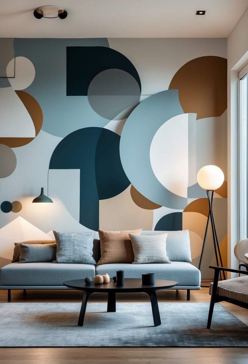 Surreal Living Room Styling Ideas: 21 Creative Ways to Transform Your Space 14 A living room with a sofa, coffee table, floor lamp, and abstract geometric shapes on the wall.