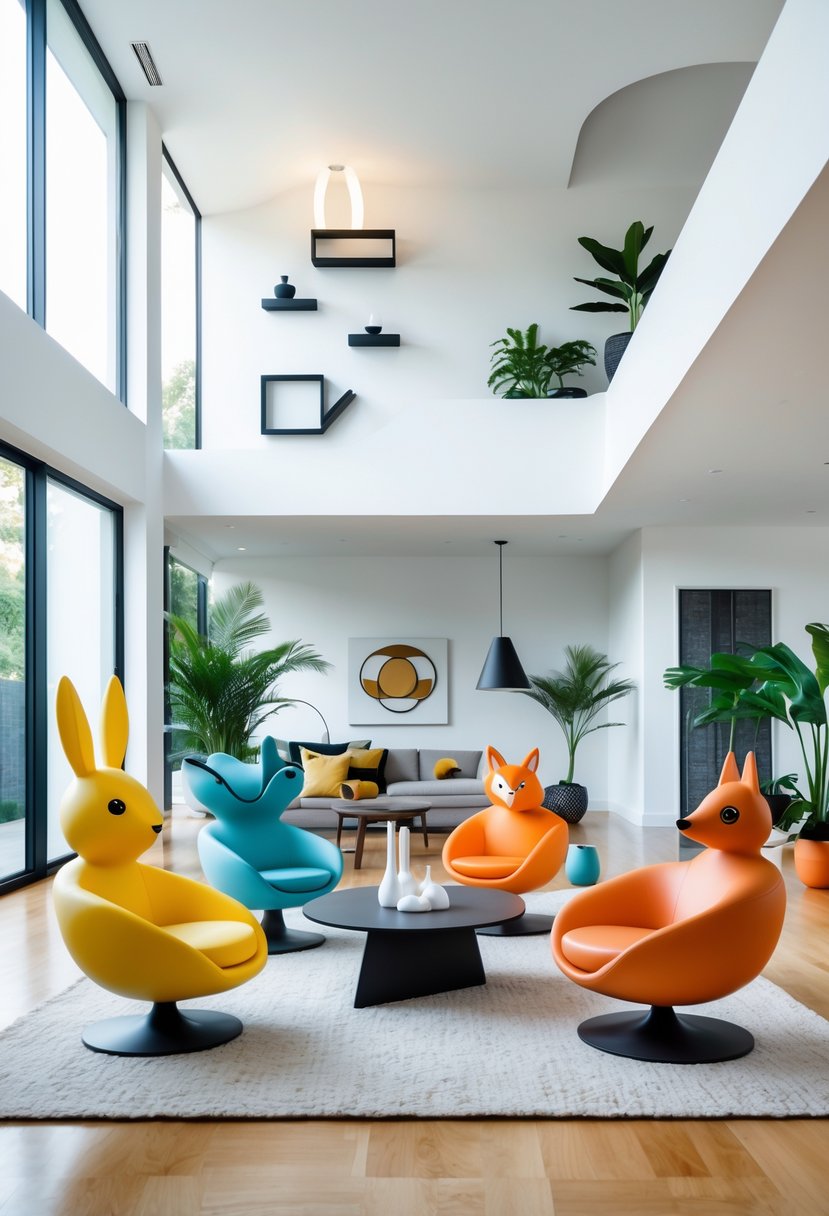 Surreal Living Room Styling Ideas: 21 Creative Ways to Transform Your Space 15 A modern living room with colorful animal-shaped chairs around a coffee table, large windows, plants, and abstract decorations.