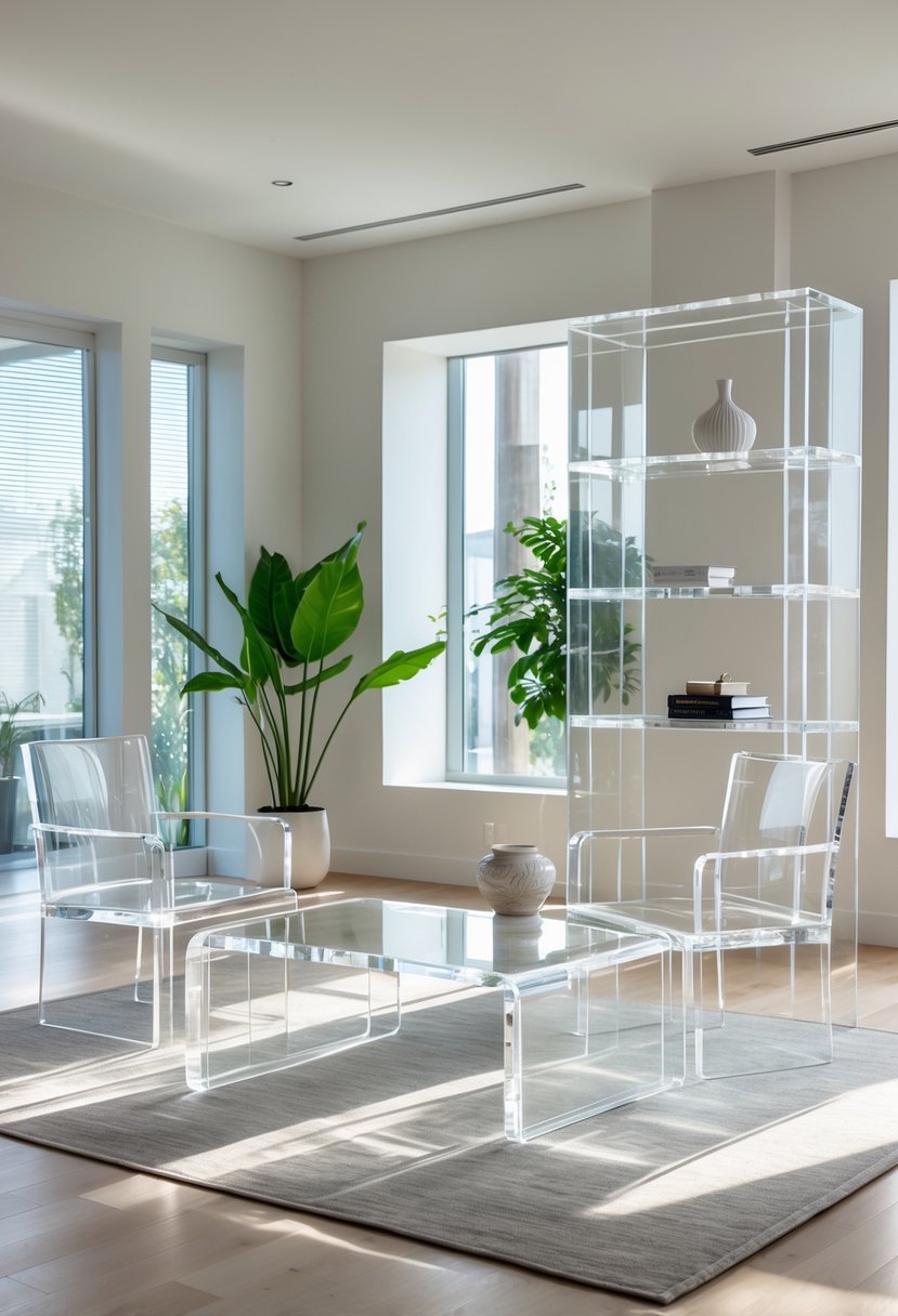Surreal Living Room Styling Ideas: 21 Creative Ways to Transform Your Space 17 A bright living room with translucent acrylic furniture, including a coffee table and chairs, with plants and natural light.