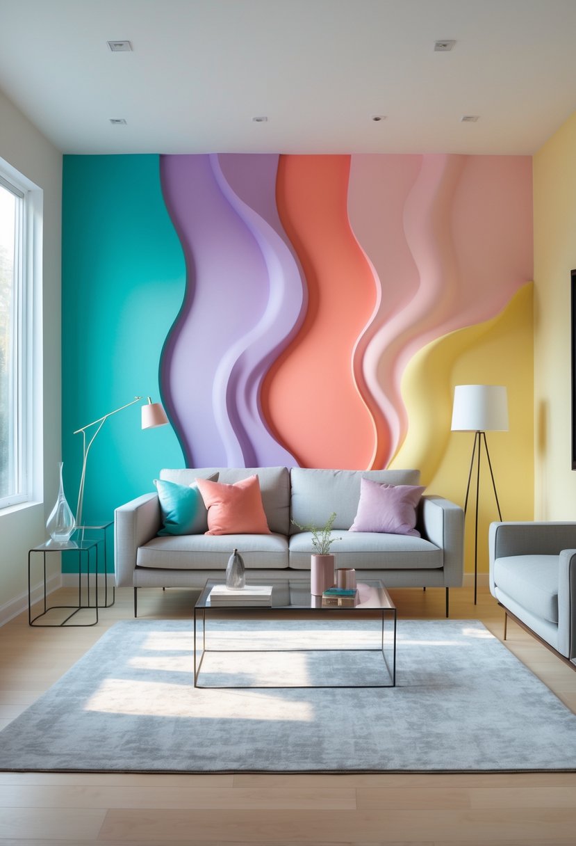 Surreal Living Room Styling Ideas: 21 Creative Ways to Transform Your Space 19 A modern living room with colorful gradient walls, a sofa, coffee table, floor lamp, and large windows letting in natural light.
