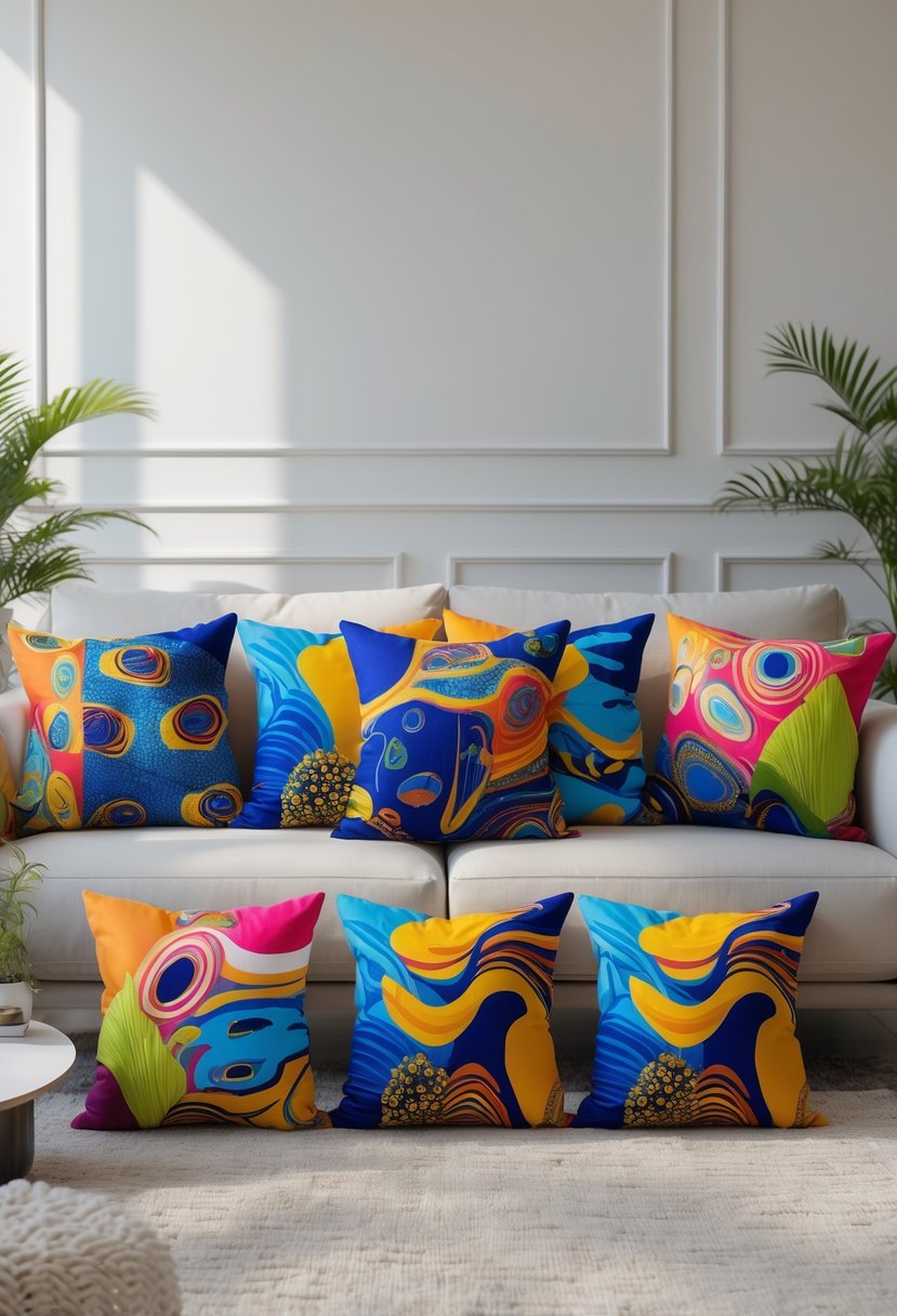 Surreal Living Room Styling Ideas: 21 Creative Ways to Transform Your Space 20 A living room with a neutral sofa adorned with colorful patterned throw pillows, a coffee table, a plant, and a rug.