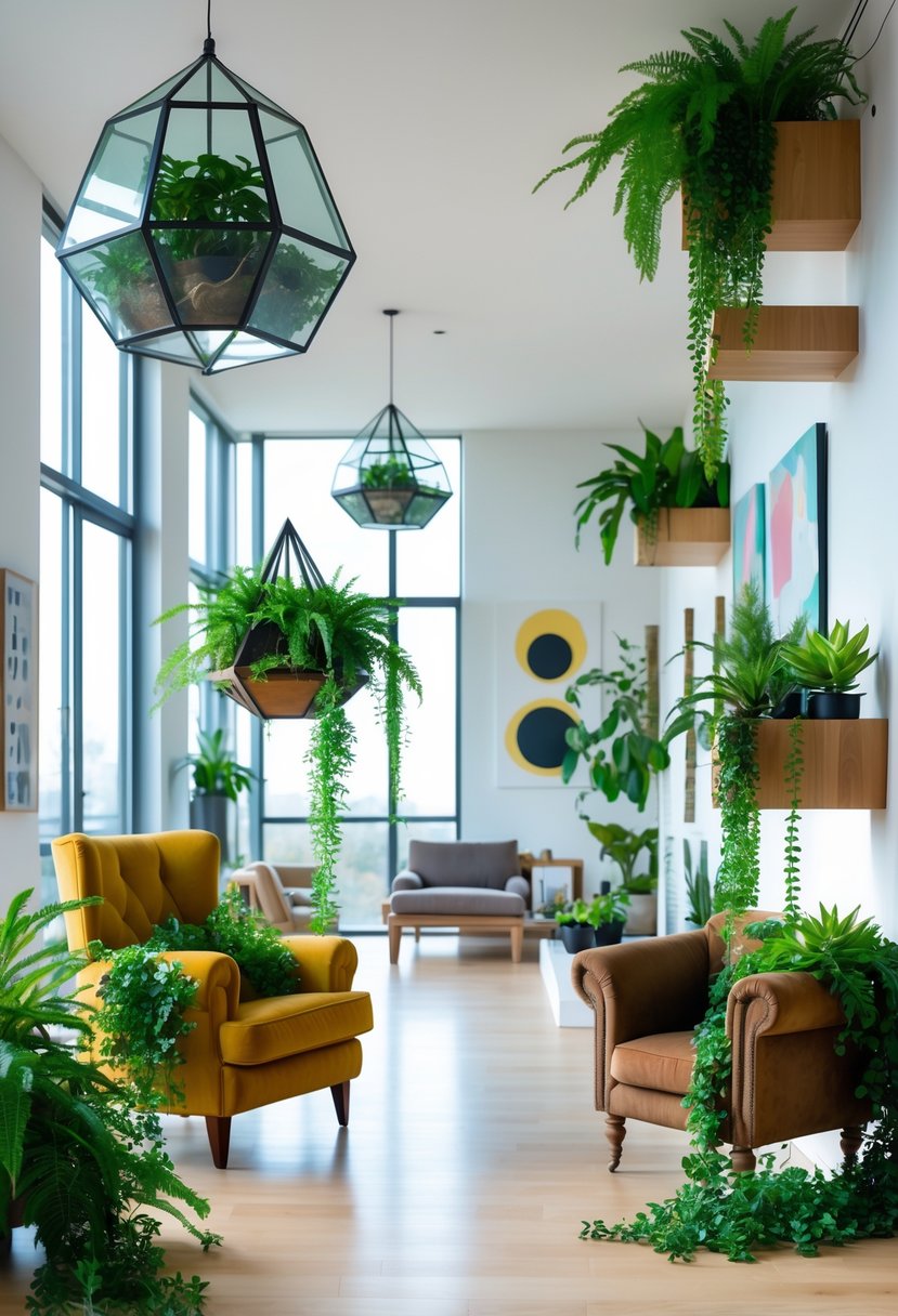 Surreal Living Room Styling Ideas: 21 Creative Ways to Transform Your Space 21 A living room with unique plant holders including hanging glass terrariums, floating shelves with plants, and a chair used as a planter, surrounded by natural light and modern furniture.