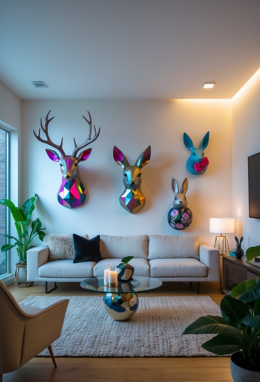 Surreal Living Room Styling Ideas: 21 Creative Ways to Transform Your Space 22 A modern living room with a sofa, coffee table, indoor plants, and surreal faux animal sculptures mounted on the walls.